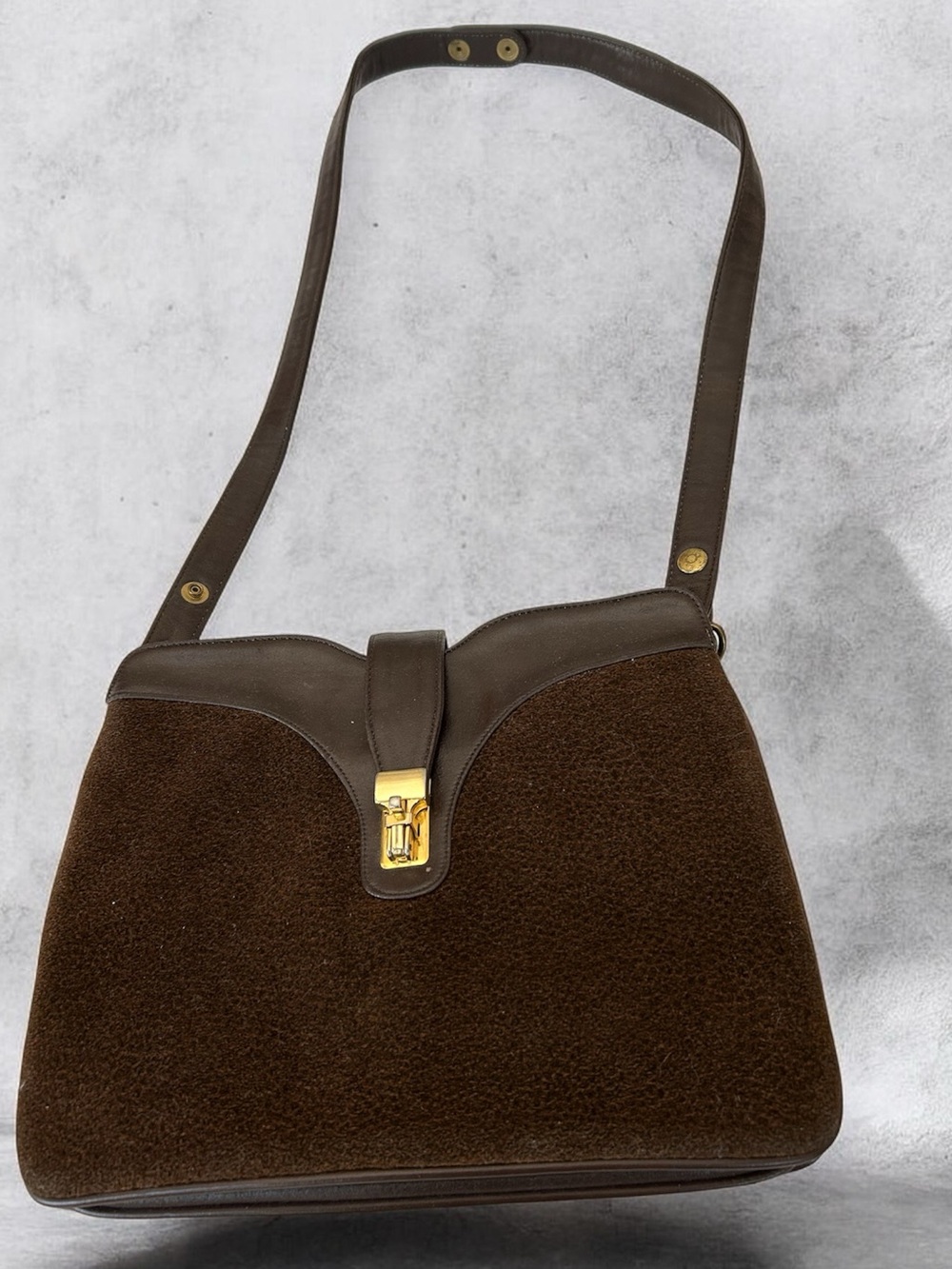Vintage 60s Brown Suede Shoulder Bag with Gold Hardware